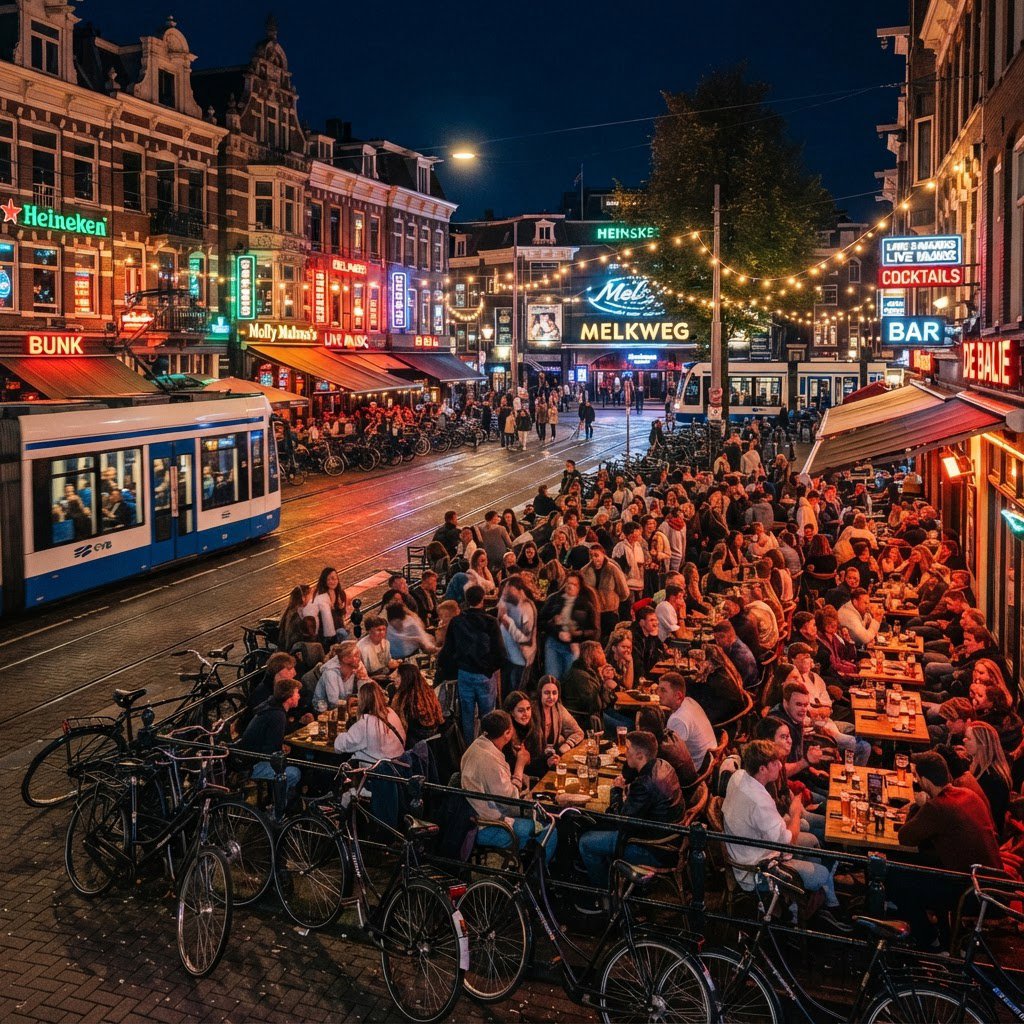 Uitgaansgebied met terrassen en neon in Amsterdam